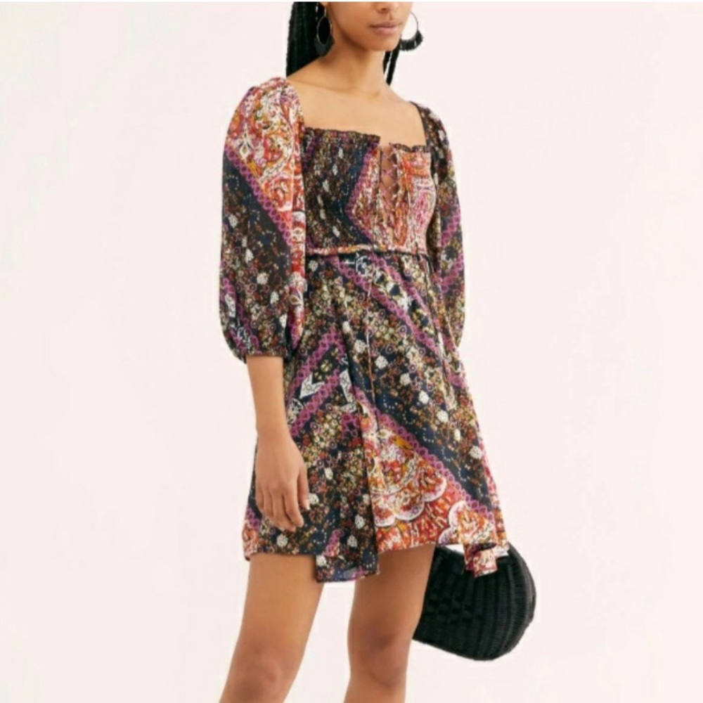 Free People Love Sick Smocked Paisley Puff Sleeve Mini Dress XS
